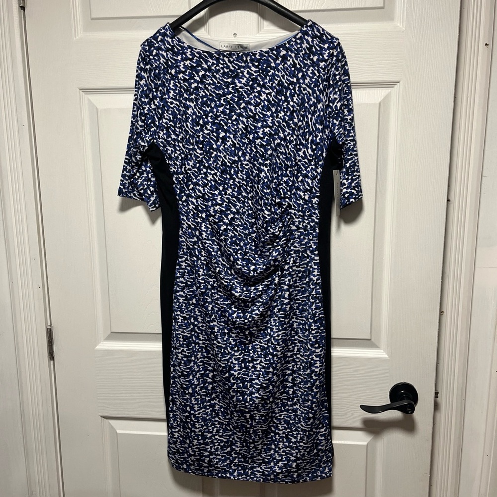 NWT Larry Lavine Lined Cobalt Blue Pattern Dress Ruching Knee Length Size L